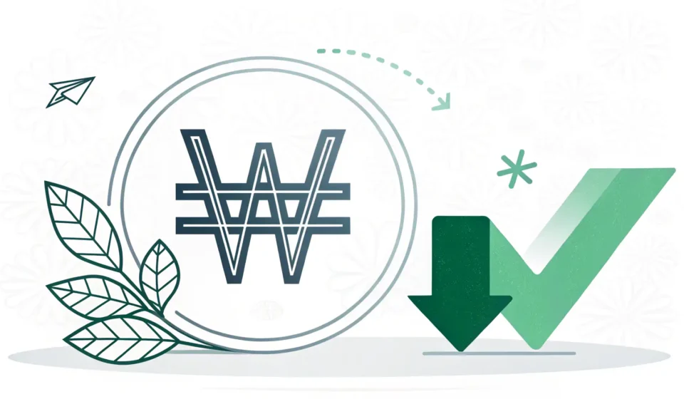 How to Say Low-Interest Loan in Korean Stylized Korean Won symbol next to a green downward arrow representing low interest rates in Korea,...