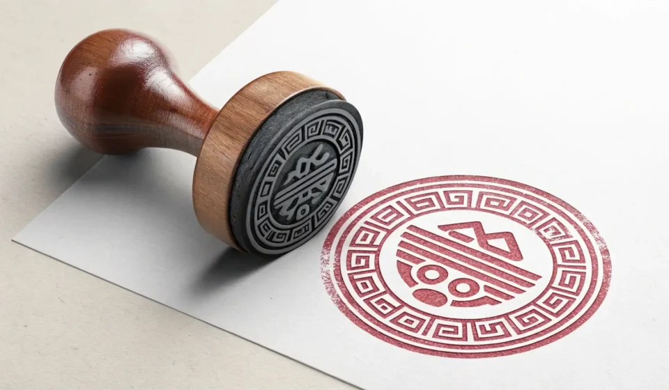 How to Say M&A Contract in Korean Two traditional Korean dojang seals stamping onto paper, symbolizing the signing of a Korean M&A con...