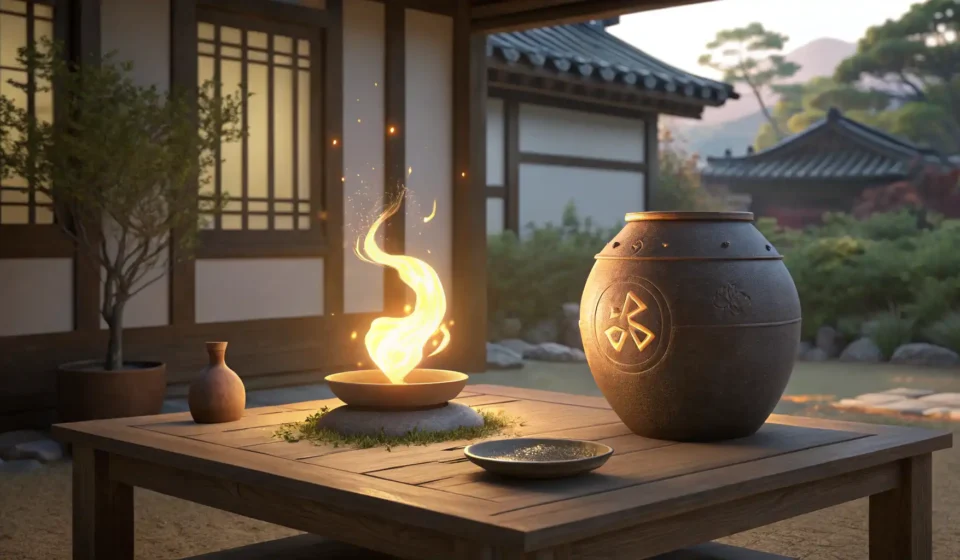 How to Ask a Fire Sprite About Baking with Spellbound Flames in Korean A glowing magical flame floats next to a traditional Korean earthenware pot, symbolizing a fantastic...