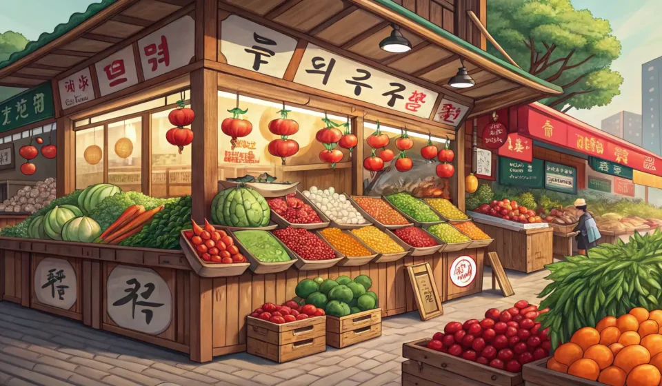 Choosing Produce at a Korean Traditional Market Close-up view of a vibrant stall at a Korean traditional market piled high with fresh, colorful prod...