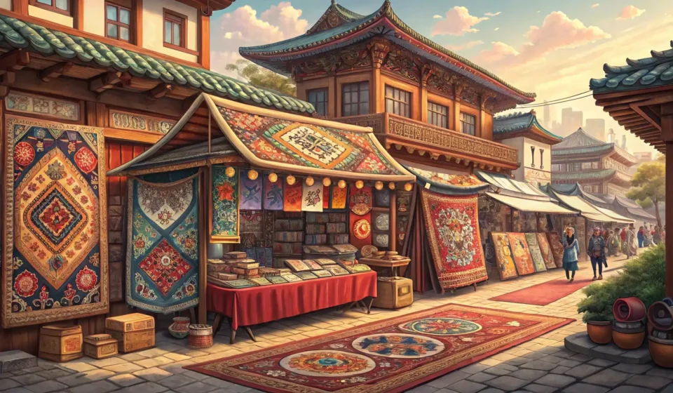 How to Haggle for a Handmade Rug in Korean A friendly Korean vendor in a traditional market stall displays a colorful handmade rug.