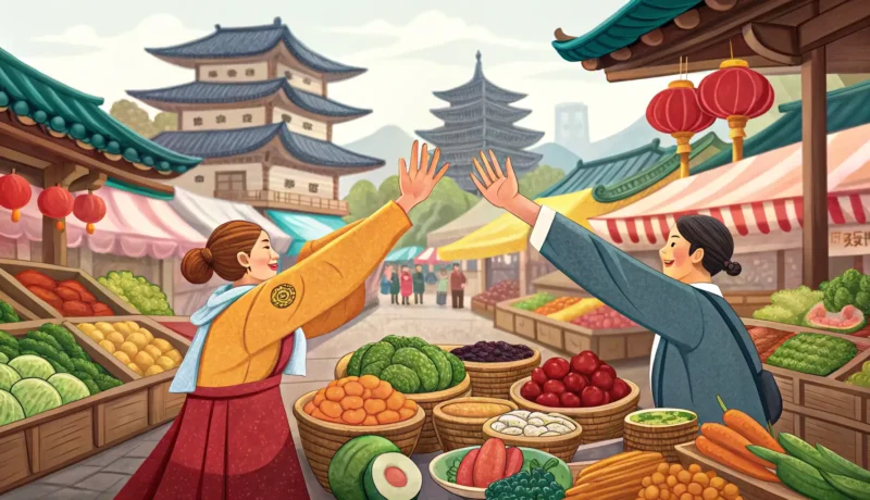 How to Haggle Prices in Korean Traditional Markets A customer and vendor interacting over goods in a bustling Korean traditional market, visually repre...