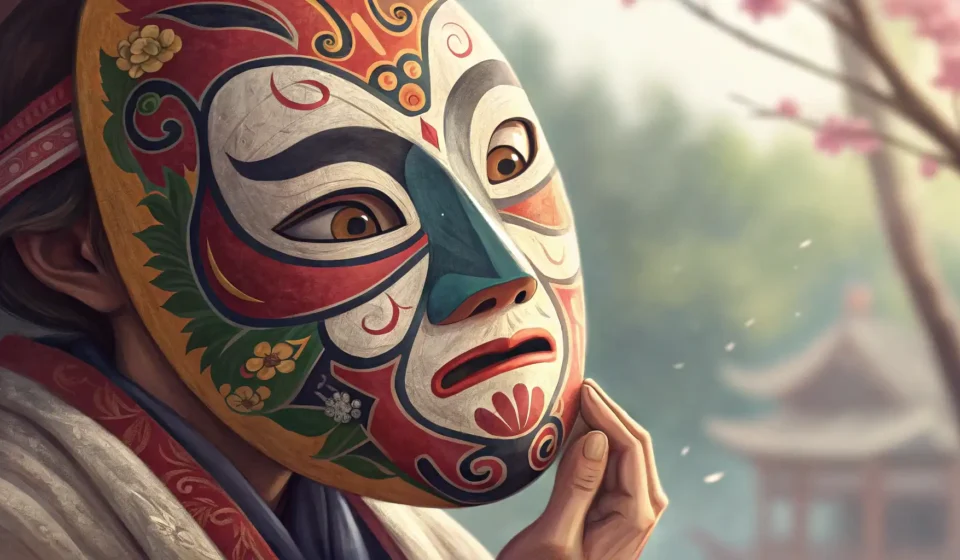 Asking About Paint on Handmade Masks in Korean Close-up of a colorful, handmade traditional Korean mask, emphasizing the painted details, symbolizi...