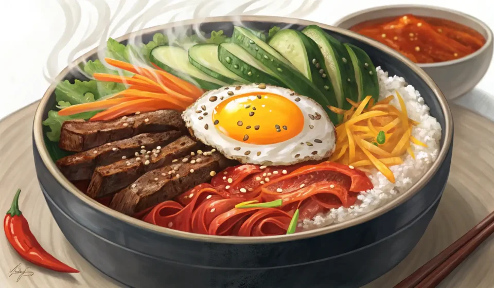 How to Say Matjip (Delicious Restaurant) in Korean Close-up of a colorful, steaming bowl of Korean Bibimbap served in a traditional stone dolsot pot, s...