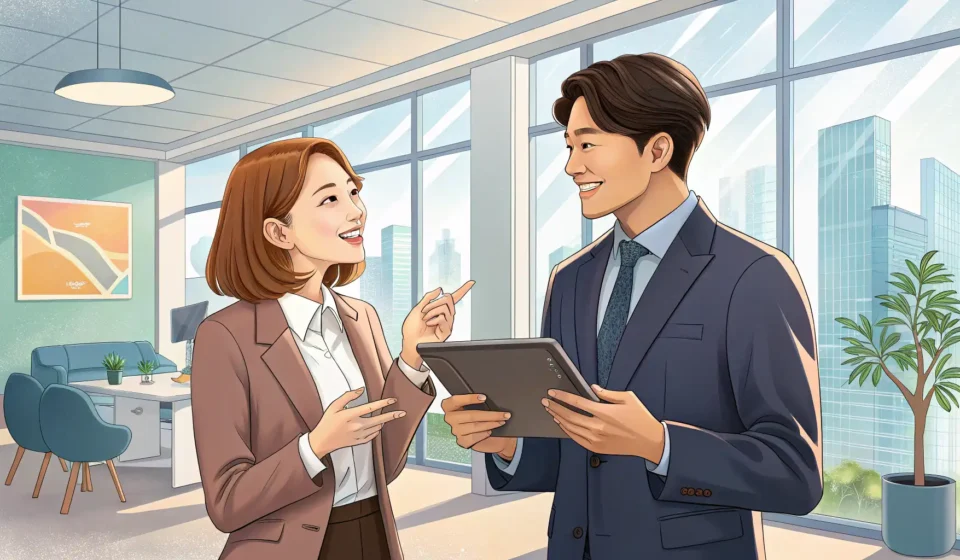 Asking a Colleague to Join a Team Meeting in Korean Two colleagues in a modern Korean office, one politely gesturing towards a calendar, representing as...