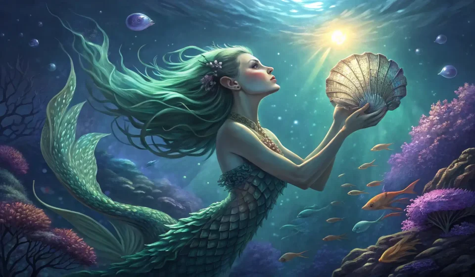 How to Say ‘A Mermaid Trader Negotiating with a Storm God for Calm Seas to Ship Shells’ in Korean A fantasy scene depicting a mermaid trader negotiating with a storm god above the sea, illustrating...