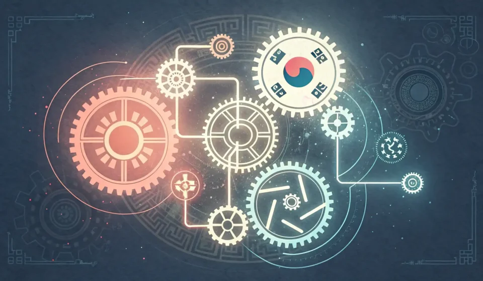 How to Say Method Patent in Korean Abstract illustration symbolizing a method patent in Korea, combining process elements with Korean d...