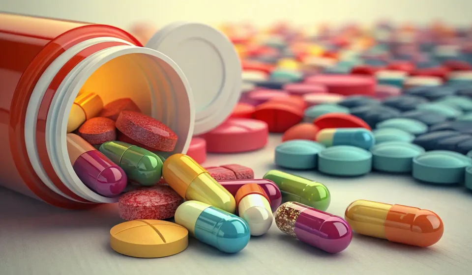 How to Say Mineral Supplement in Korean Colorful supplement pills spilling from a white bottle, illustrating the Korean learning topic of mi...