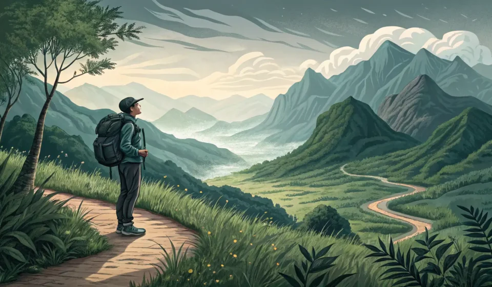 How to Express: A Sentient Mountain Explaining Shifting Trails Illustration of a hiker on a misty Korean mountain, looking confused as the trail ahead appears to h...