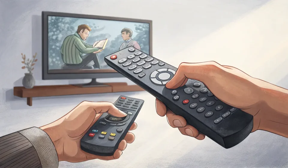 How to Talk About Siblings Arguing Over Movie Choices in Korean Two hands holding TV remotes aim at a television in a Korean living room setting with Korean snacks...