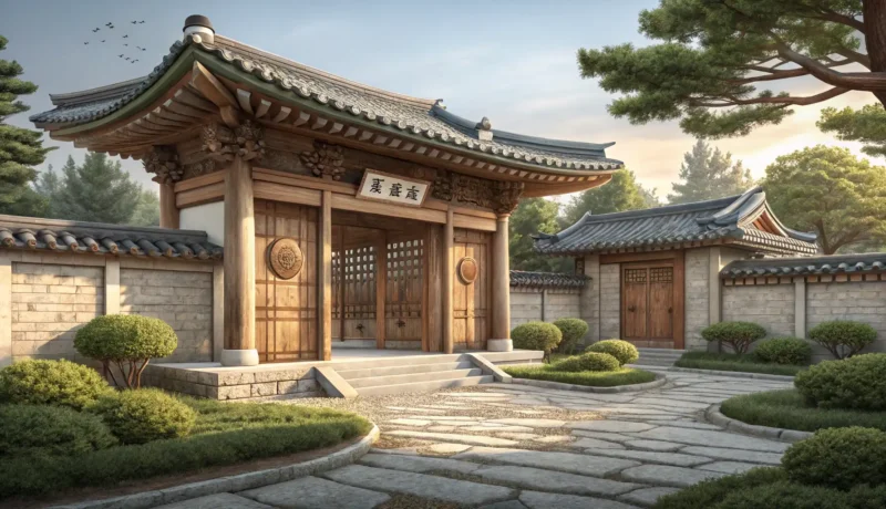 Asking for Museum Hours in Korean Illustration of a traditional Korean museum entrance alongside a clock symbol, representing the Kore...