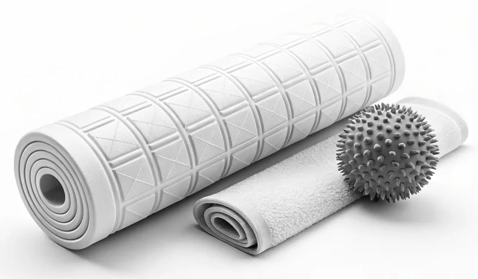 How to Say Myofascial Release in Korean A foam roller and massage ball arranged neatly on a Korean-style mat, symbolizing myofascial release...