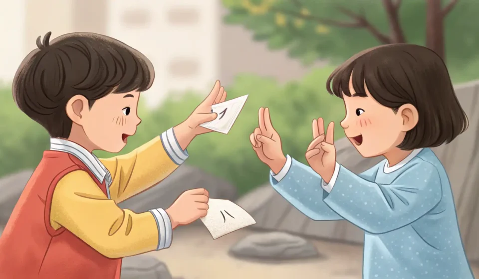 Negotiating a Birthday Party Theme in Korean Two children's hands playing rock-paper-scissors to make a decision, set against a blurred backgroun...