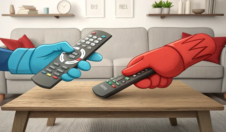 How to Negotiate for the TV Remote in Korean Two hands reaching for a TV remote control on a table, illustrating the concept of negotiating for t...