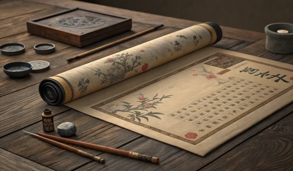 Negotiating Peace: Dragon Diplomacy in Korean An ancient Korean scroll, a traditional seal (dojang), and a glowing ember scale on a table, symboli...