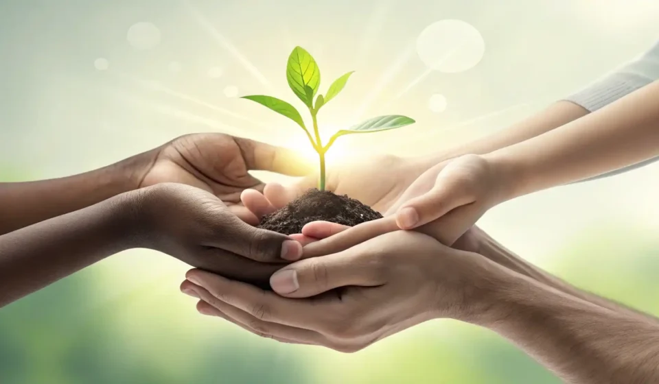 How to Say Non-Profit Organization in Korean Illustration of diverse hands holding a glowing green sprout, symbolizing non-profit organizations a...