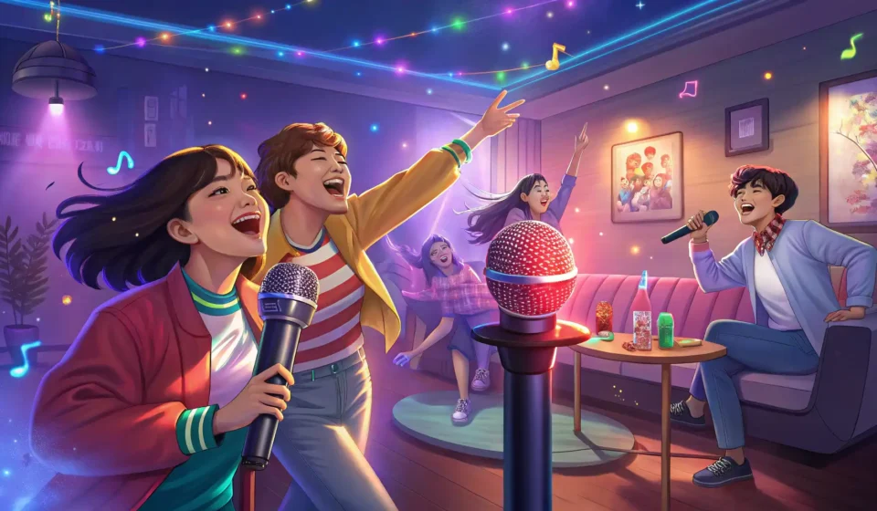 Singing at a Korean Noraebang (Karaoke) Illustration of a microphone under colorful disco lights in a Korean Noraebang (karaoke room), repre...