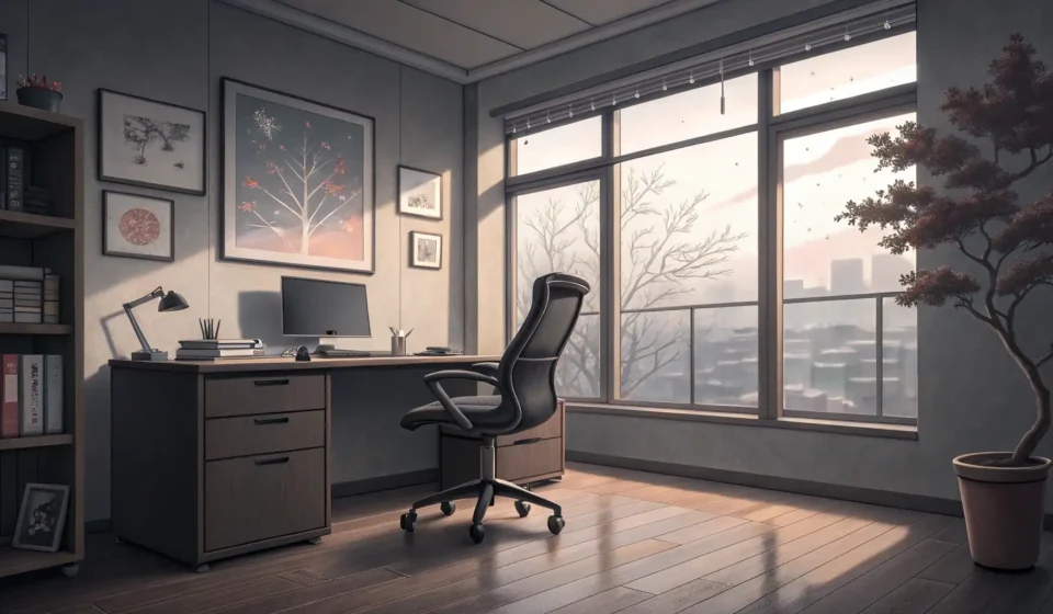 Explaining a Squeaky Chair in a Quiet Korean Office Illustration of a quiet, modern Korean office with an empty, slightly askew chair, symbolizing a com...