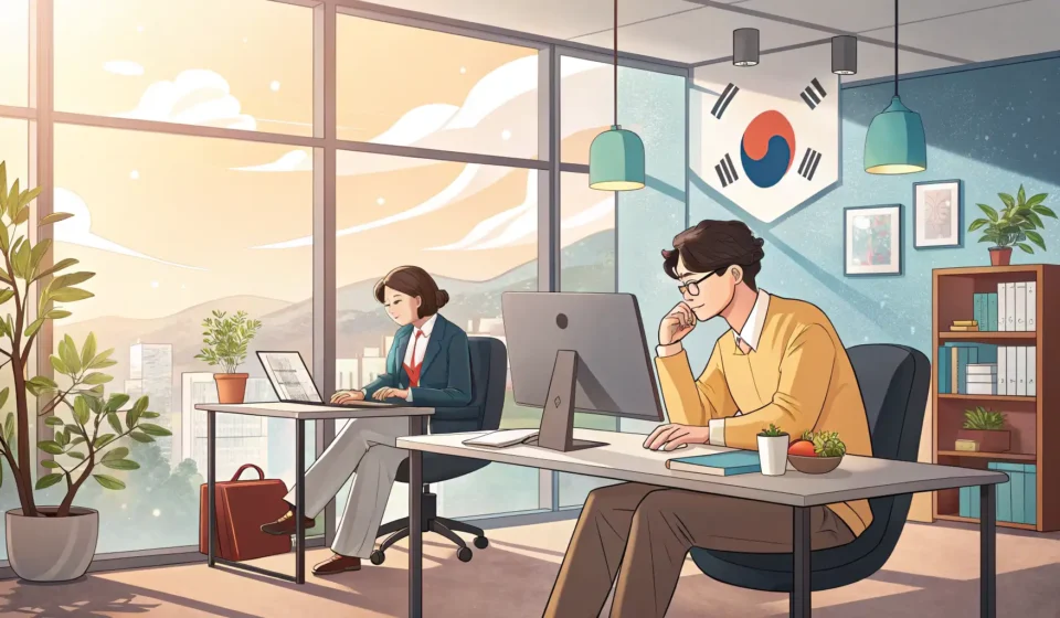 Explaining Printer Problems in a Korean Office Illustration of two colleagues in a modern Korean office discussing a problem, representing workplac...