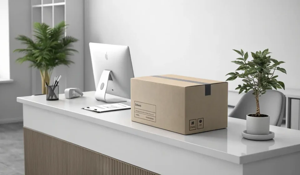 Finding a Lost Package: Korean Phrases for Office Workers Illustration of a package on an office reception desk, symbolizing inquiring about a lost delivery i...