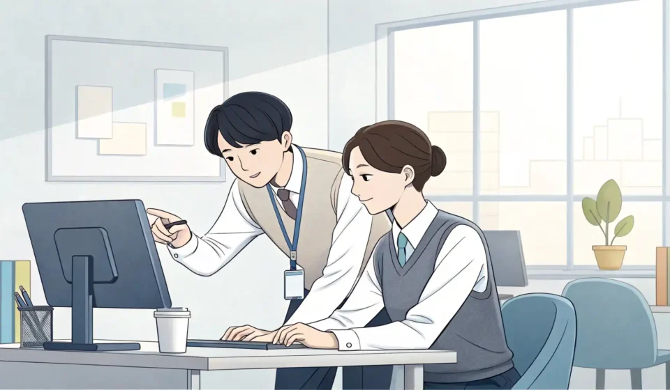 Explaining a Printer Jam in a Noisy Korean Office Illustration of two Korean colleagues in an office, one explaining a printer issue while the other s...