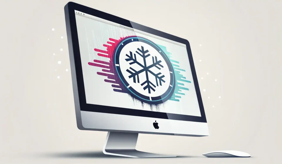 Explaining a Screen Freeze in a Korean Office Illustration of a computer screen frozen with a glitchy loading symbol in a modern Korean office, sy...
