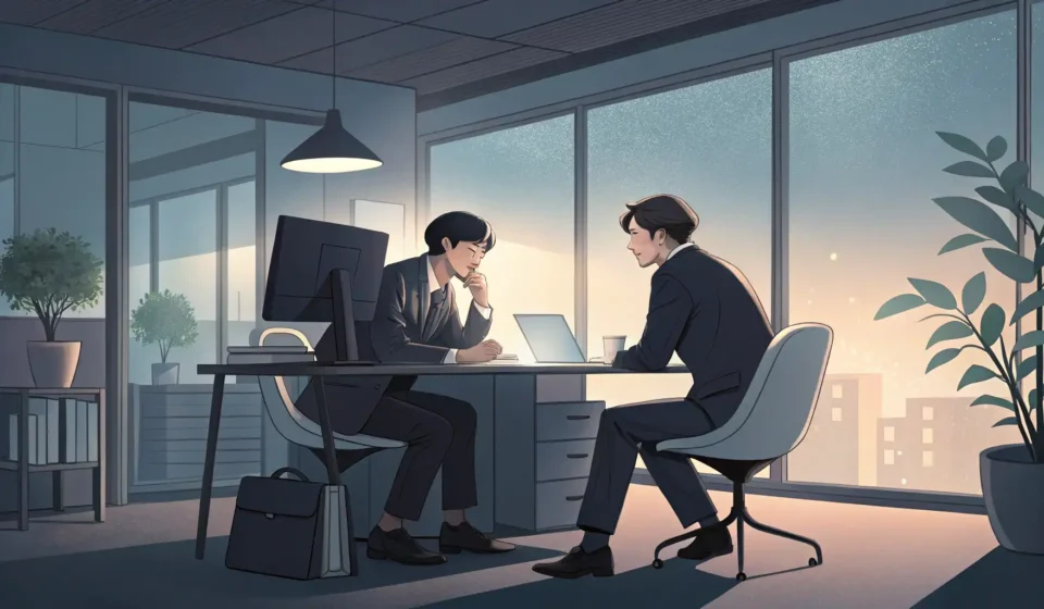 Explaining Router Issues in Korean (Office Scenario) Two colleagues quietly discussing a technical issue, symbolized by a glitching network icon, in a mo...