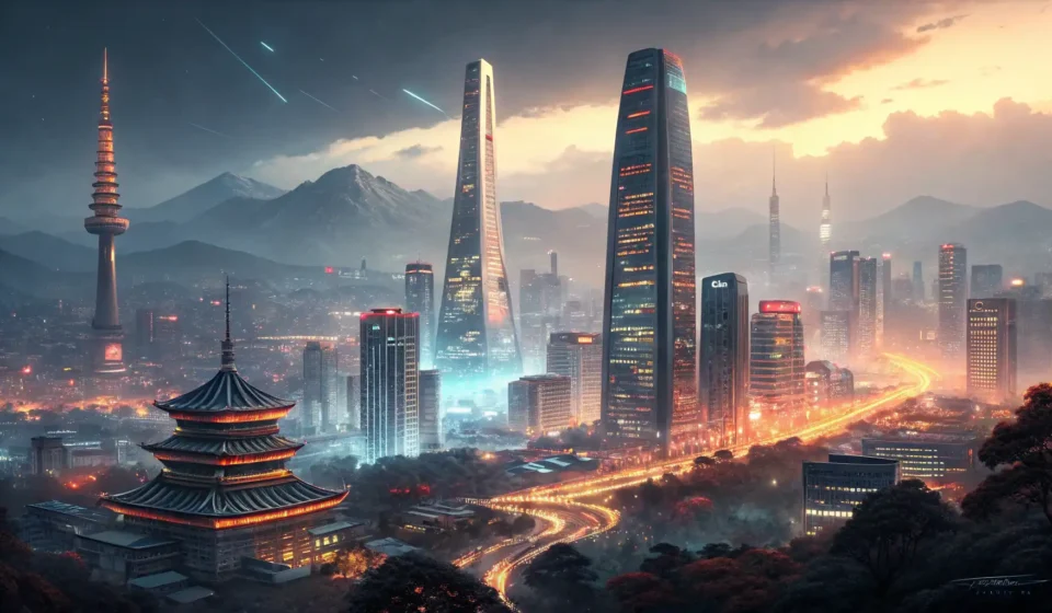 How to Say Online Marketing Business in Korean Night view of Seoul skyline overlaid with glowing digital network lines and graphs symbolizing Korea...
