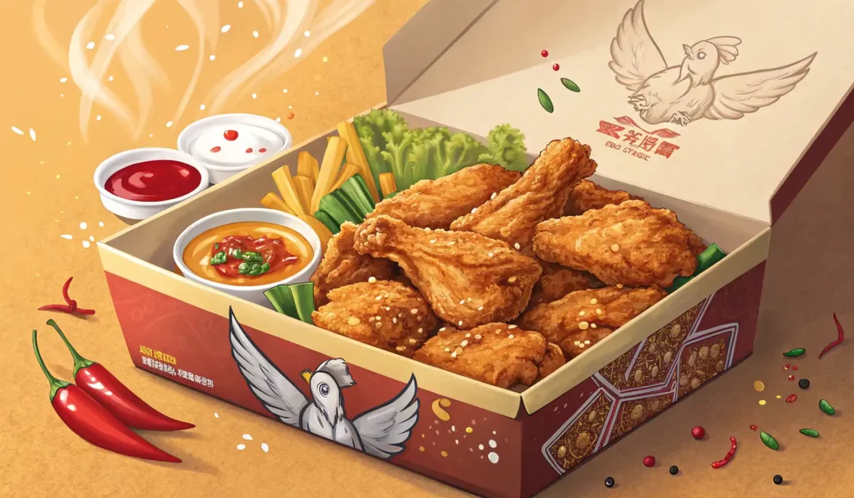 How to Order Chicken Delivery in Korean A tempting box of Korean ban-ban fried chicken, featuring half crispy fried and half saucy yangnyeom...