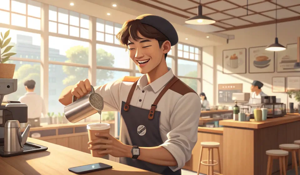 How to Order Coffee with Extra Vanilla in Korean A Korean barista pours extra vanilla syrup into a coffee cup in a modern Korean cafe, illustrating h...
