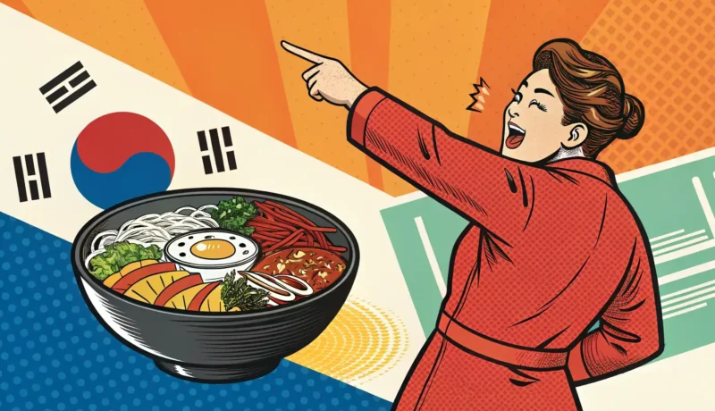 Ordering Food in Korean Pop art style image showing a person ordering food from a menu presented by a server in a Korean res...