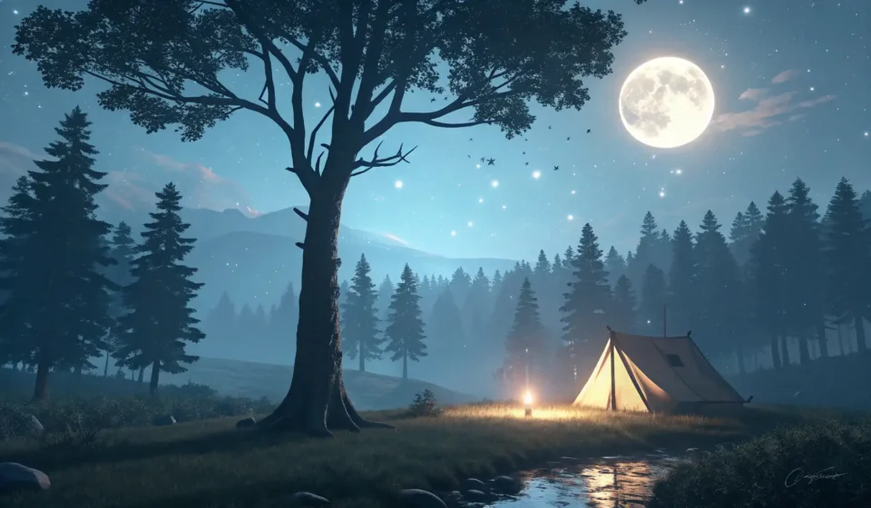 How to Ask for Owl Spotting Tips in Korean Stylized illustration of an owl perched on a branch under the moonlight in a night forest, with a gl...