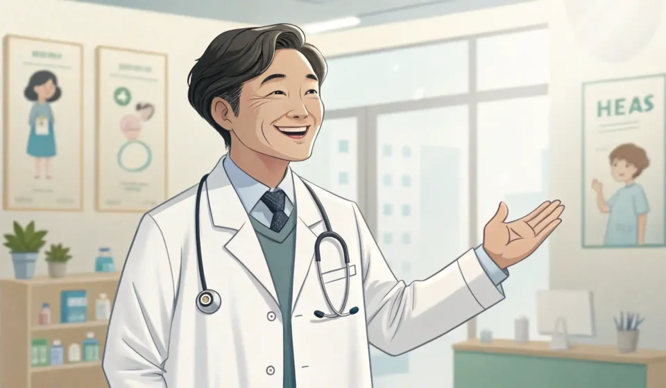How to Say Pain Clinic in Korean Illustration of a friendly Korean doctor in a clinic setting, symbolizing learning Korean vocabulary...