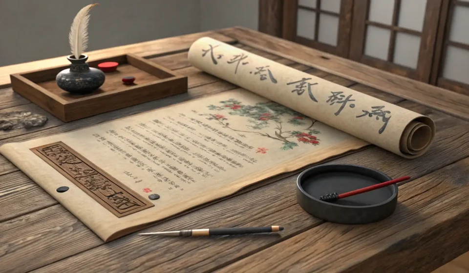 Negotiating Paradox Songs: A Time-Traveling Bard Meets a Medieval Scribe in Korean A glowing traditional Korean scroll and ink brush, symbolizing a Korean language lesson about time t...