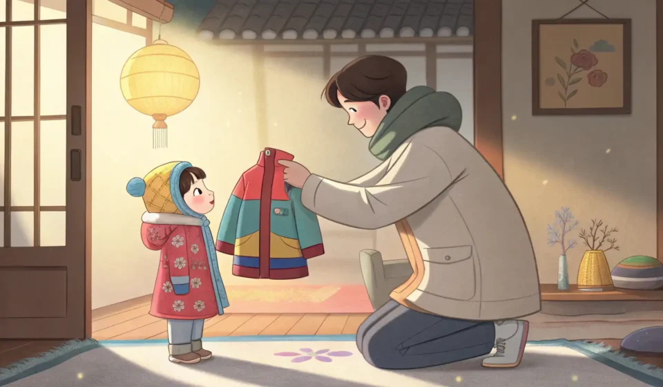Negotiating with Your Child About Wearing a Coat in Korean A Korean parent offers a winter coat to a reluctant child indoors, with a snowy scene outside, symbo...