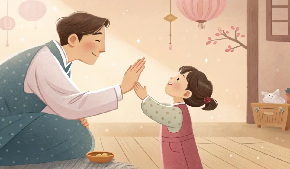 How to Explain to a Child Why They Can’t Skip Their Haircut in Korean Illustration of a Korean parent gently explaining the need for a haircut to their young child in a w...