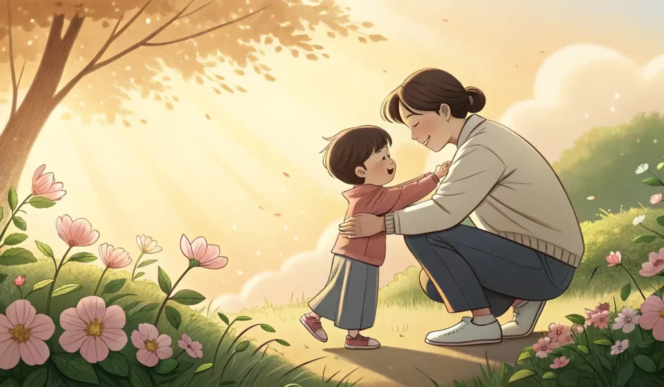How to Say “Negotiating Hat Wearing with a Child” in Korean Illustration depicting a Korean parent offering a sun hat to a young child on a sunny day, represent...