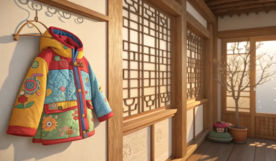 How to Negotiate Wearing a Jacket with a Child in Korean Child's colorful jacket hanging by a traditional Korean window, symbolizing preparing for a cool day...