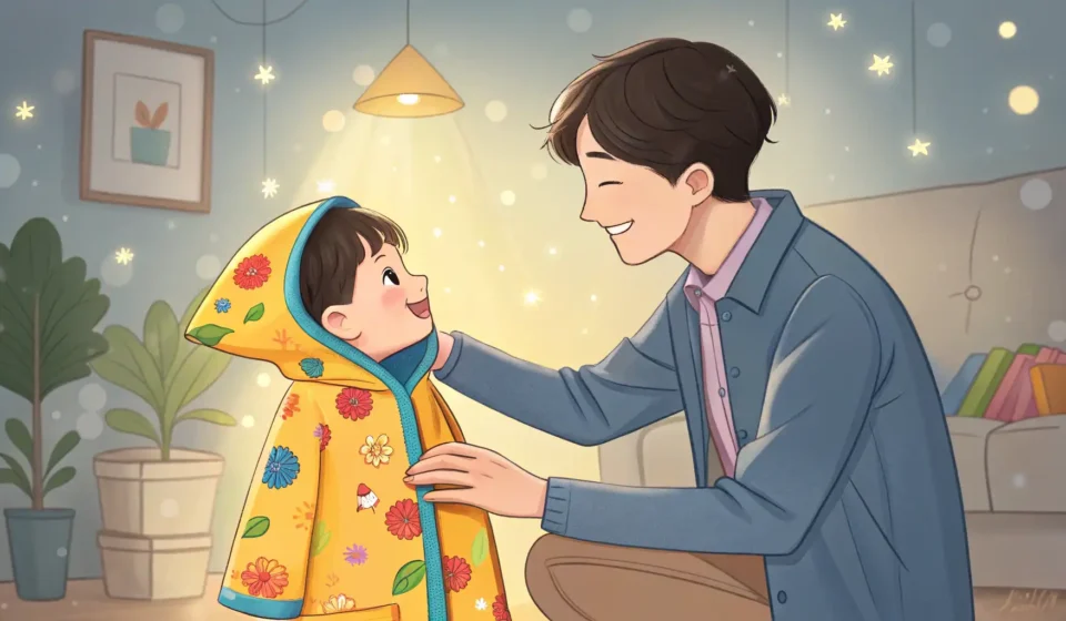 How to Convince Your Child to Wear a Coat in Korean Illustration of a Korean parent offering a raincoat to a child on a rainy day, representing learning...