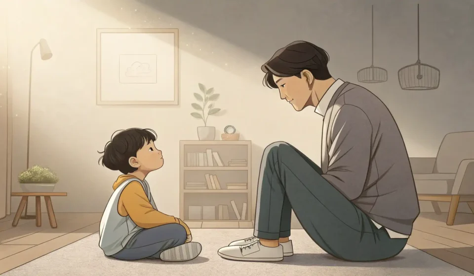 How to Negotiate Playtime Rules with a Child in Korean A Korean parent and child sitting together, discussing playtime rules while looking towards a clock...