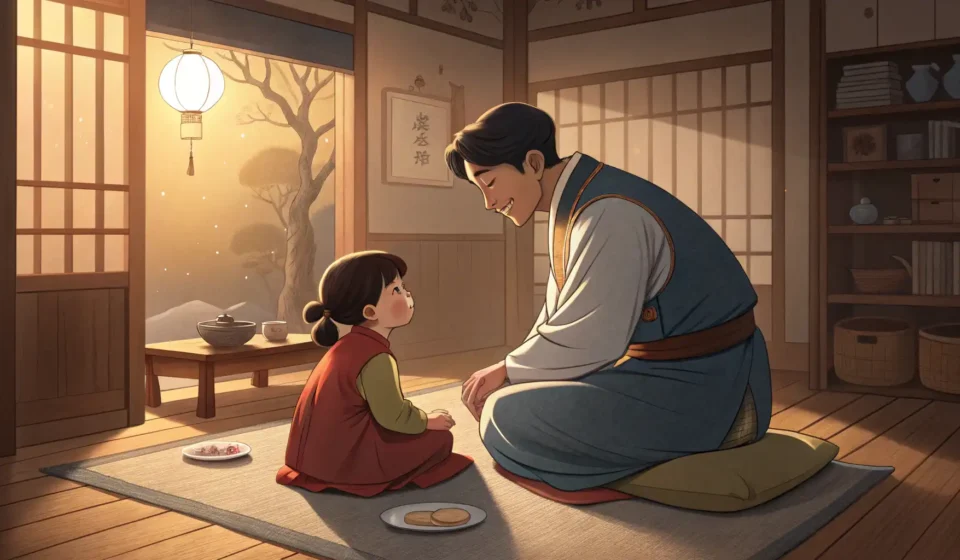 Explaining Limits to Kids in Korean: The Juice Example Illustration of a Korean parent kindly but firmly explaining something to a young child in a home se...