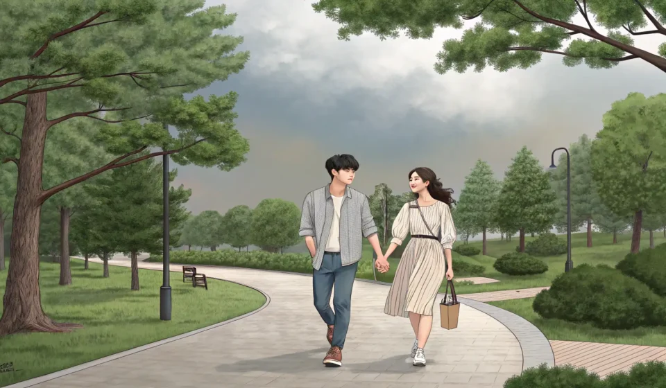 How to Plan a Park Photo Shoot in Korean A young Korean couple planning a photo shoot while walking through a beautiful park, illustrating a...