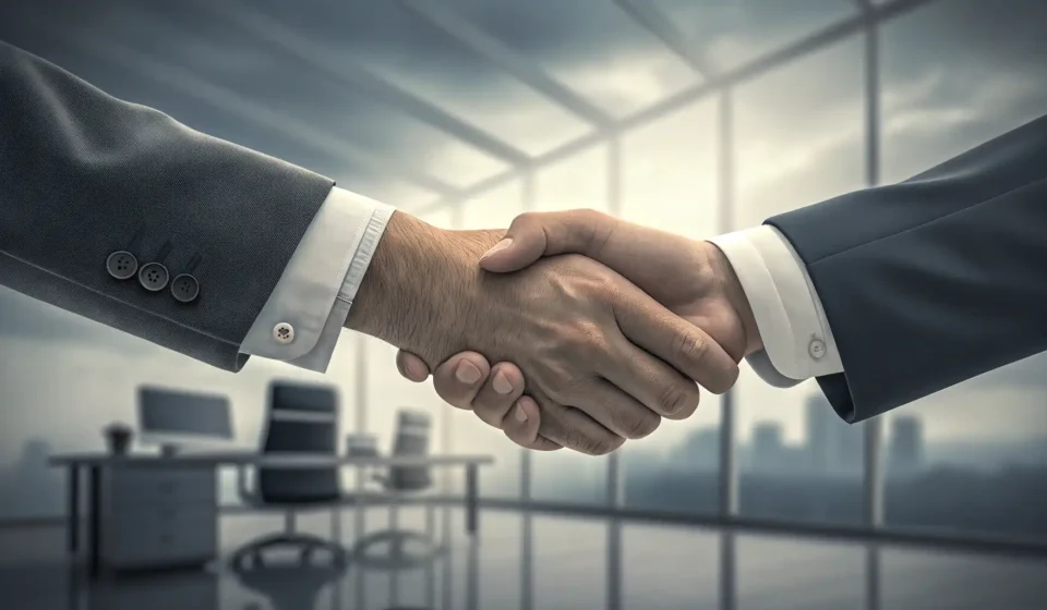 How to Say Patent Sale in Korean A professional handshake symbolizing a business agreement, set against a modern Korean cityscape bac...