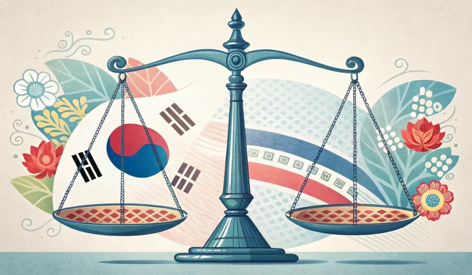 How to Say Patent Trial in Korean Stylized graphic of scales of justice incorporating Korean design elements, symbolizing the concept...