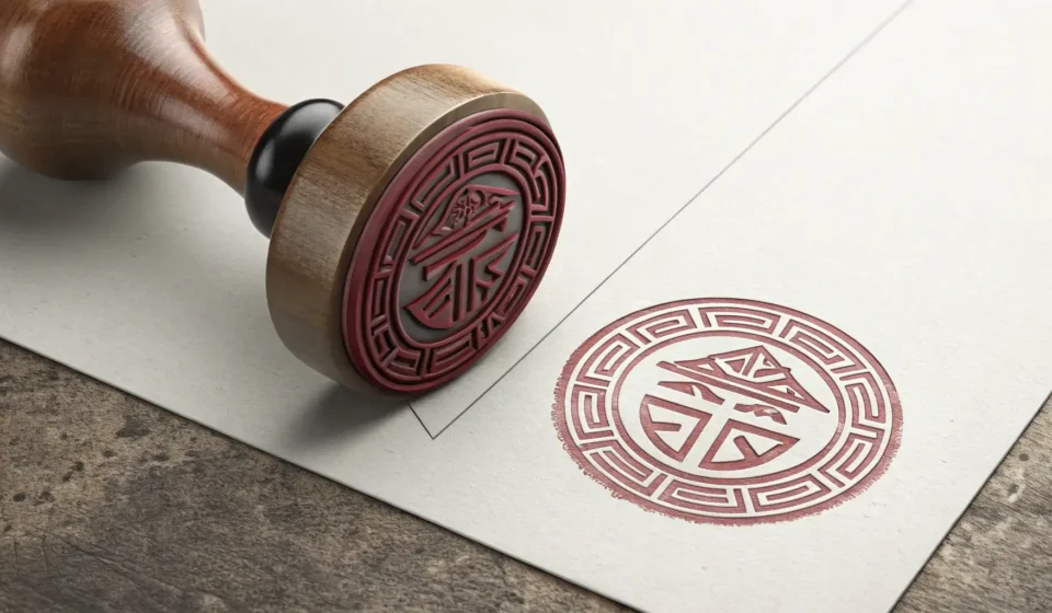 How to Say Performance Guarantee in Korean A traditional Korean dojang seal pressing onto a document, symbolizing a performance guarantee agree...