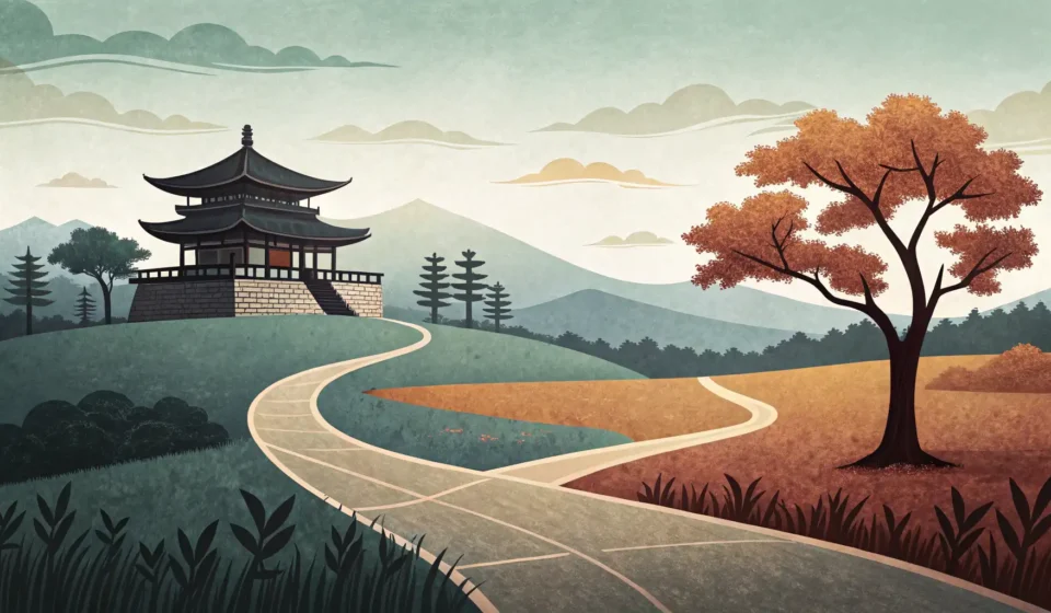 How to Express a Talking Cat Convincing a Dog Detective About a Yarn Ball in Korean Stylized illustration showing diverging paths: one towards a Korean palace gate silhouette, the othe...
