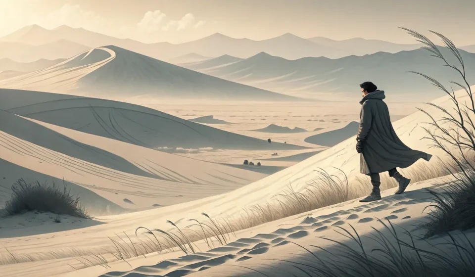 How to Express “A Time-Loop Explorer Asking a Dune How to Mark a Shifting Eternity” in Korean Stylized Korean ink wash painting depicting a lone figure contemplating vast sand dunes under a swir...