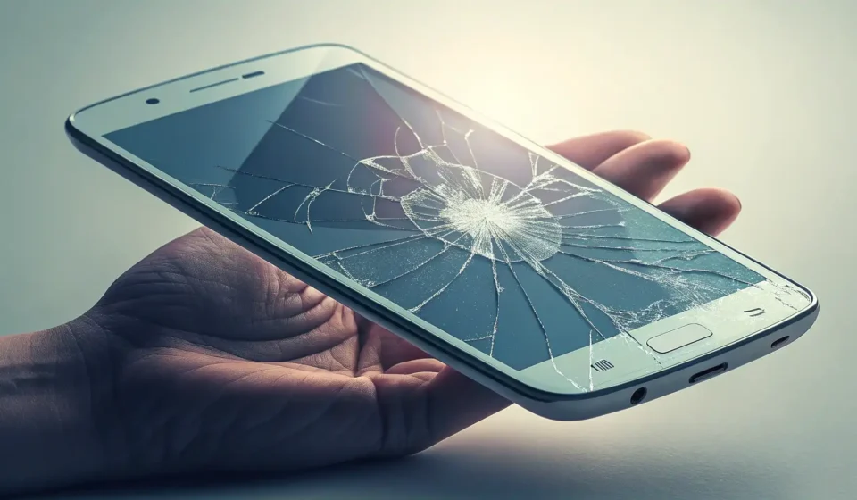 How to Request Phone Repair Service in Korean Hand holding a smartphone with a cracked screen in front of a Korean phone repair service center cou...