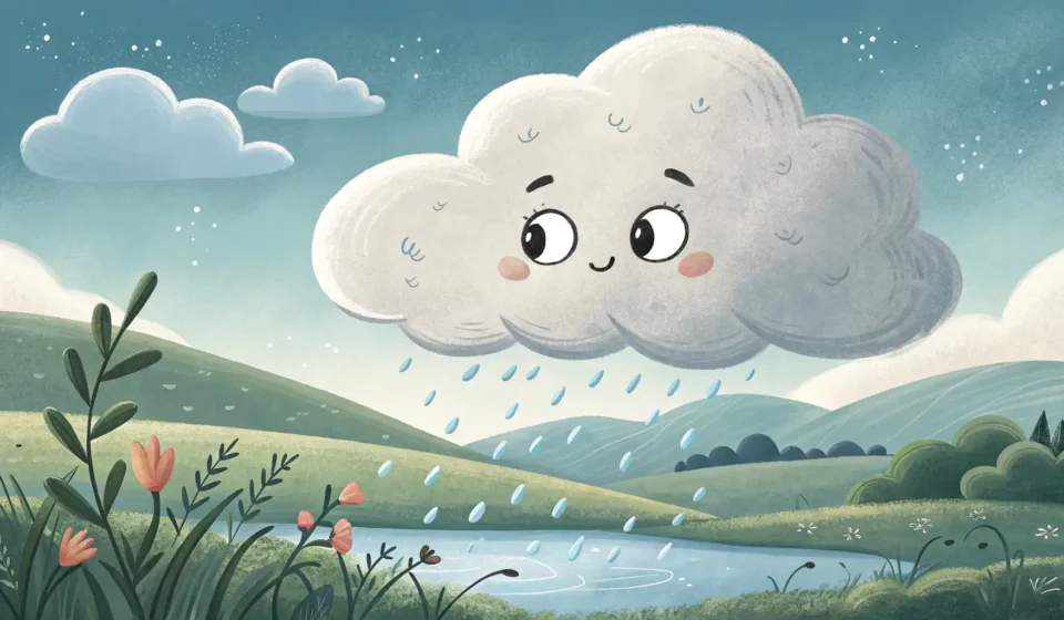 How to Say ‘A Sentient Cloud Explaining to a Rain Dancer Why It Won’t Pour on Command’ in Korean Stylized illustration showing a large, thoughtful cloud observing a person in traditional Korean att...
