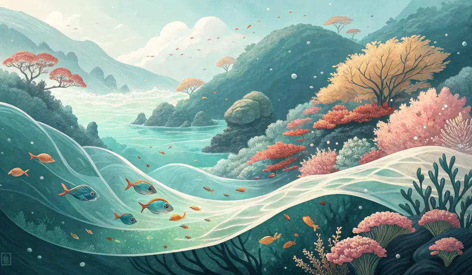 How to Say “A Mermaid Sculptor Asking a Sea Glass Spirit How to Shape with Tides” in Korean Stylized underwater scene representing a Korean learning topic about a mermaid sculptor and sea glas...